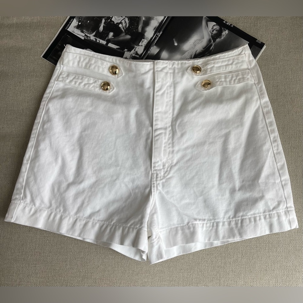 Zara High Waist Shorts In White/Gold Button Size 12